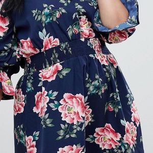 Plus V Neck Floral Tea Dress With Gathered Sleeve